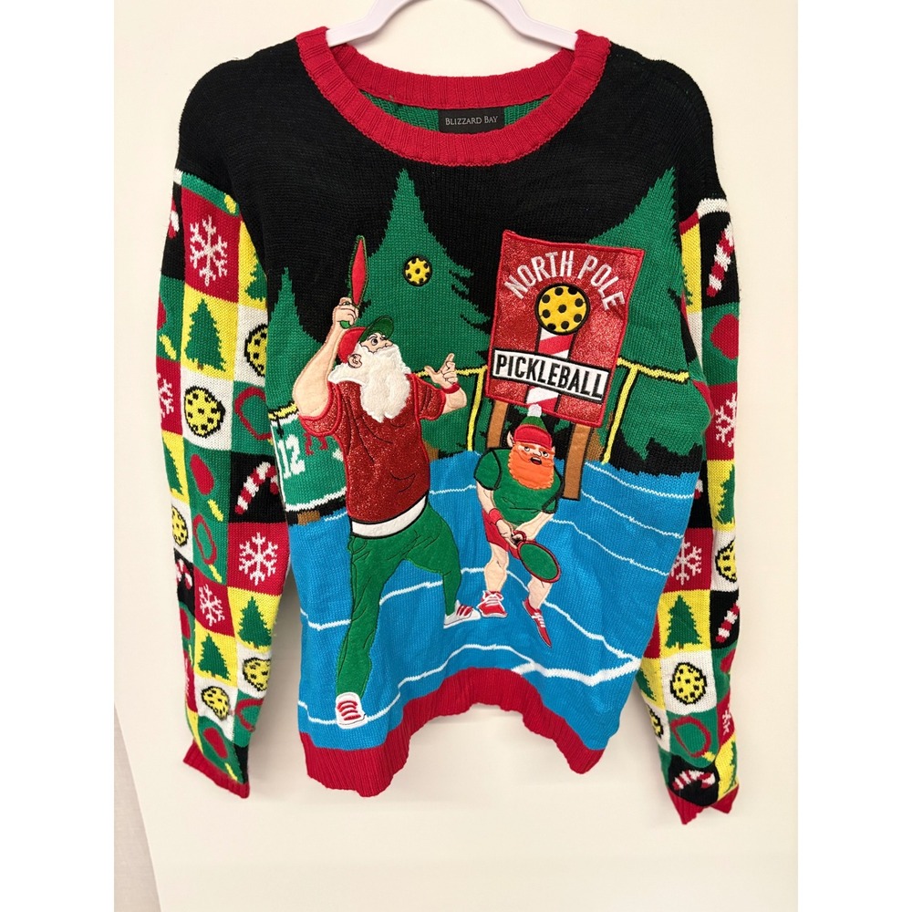 Blizzard Bay Kitschy Pickleball Sweater Men L Multi Santa Elf Camp Holiday